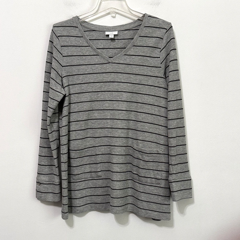 J Jill Knit Tunic‎ M Patch Pocket V Neck Gray Stripe Long Sleeve Pullover Casual